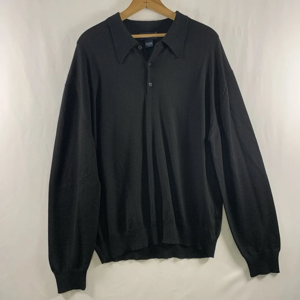 Paul Fredrick Mens Fine Merino Wool Polo Sweater Size L Black Lightweight Preppy